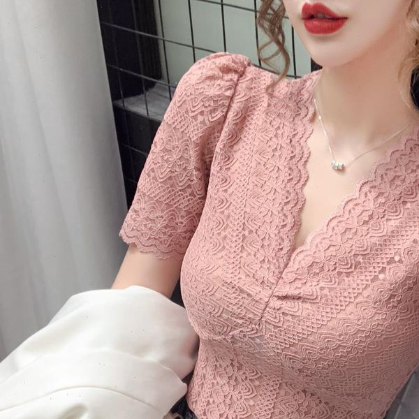 

women v neck shirts lace blouses female short puff sleeve hollow out solid elasticity girls, White