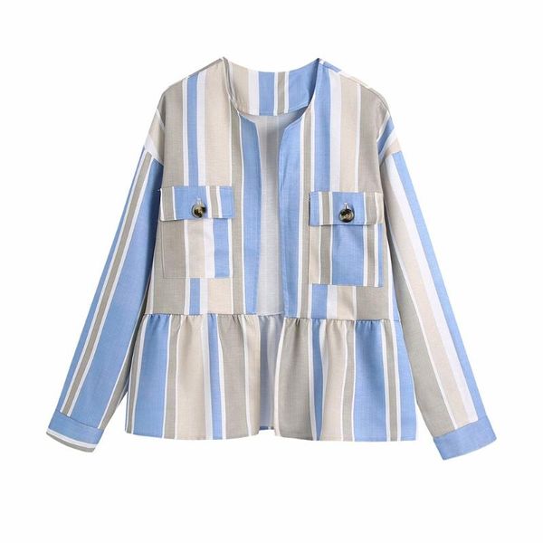 

women's jackets zxqj vintage women linen blue striped jacket 2021 summer fashion ladies o neck loose streetwear coat girls chic casual, Black;brown