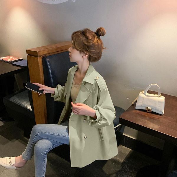 

women's trench coats fmfssom belt short autumn office lady windproof women fashion black vintage long sleeve casual slim fit outwear, Tan;black
