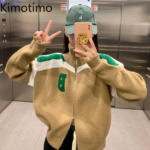 

women's knits & tees kimotimo letter turtleneck sweater coat women autumn winter design color contrast zipper knit cardigan korean chic, White