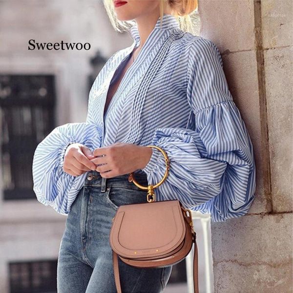 

ladies fashion casual shirt lantern sleeve women spring autumn loose long blouse v neck women's blouses & shirts, White