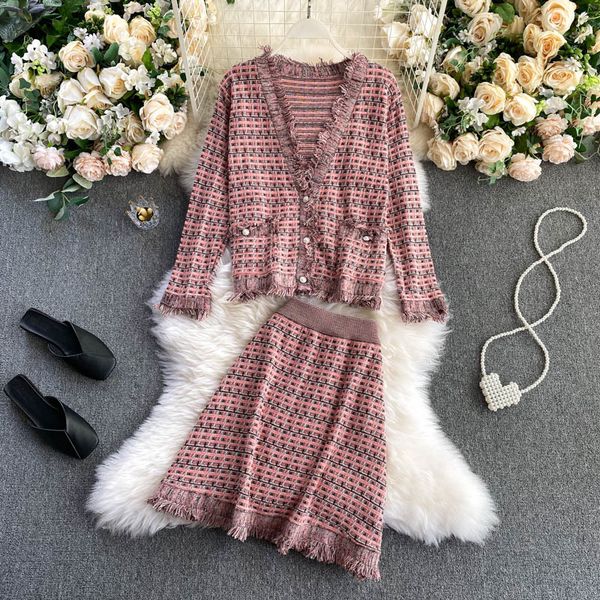 

skirts fall fashion sets of women's clothes two knitted cardigan sweater + midi skirt loose outfit mesh 2 joint tips, Black