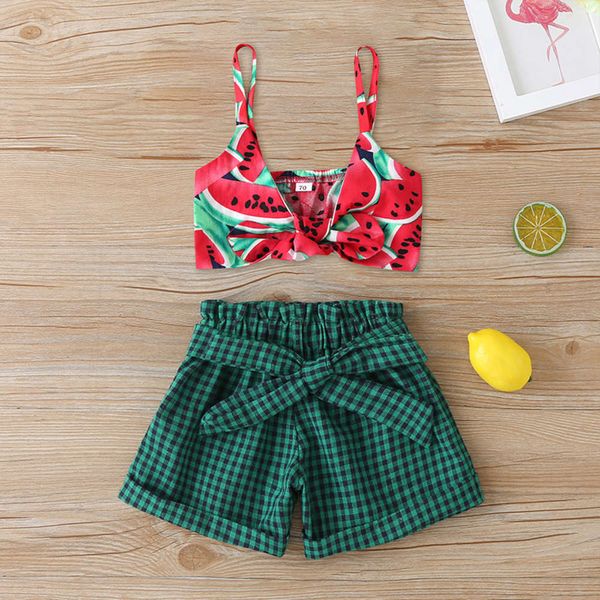 

summer girls' suspenders and shorts set watermelon print fashion children's two piece set, White