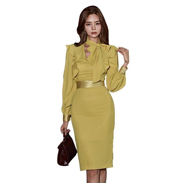 

casual dresses jsxdhk autumn women pencil formal dress fashion ruffles sheath bodycon office lady bow lantern sleeve party, Black;gray