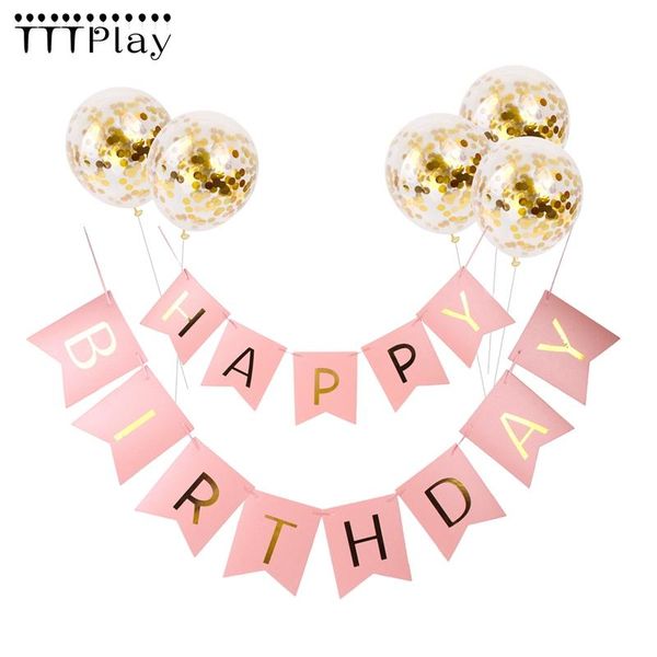 

party decoration pink happy birthday banner baby shower gold confetti balloons letter girl boy kids favors
