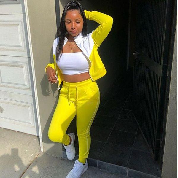 

women's two piece pants autumn set women stitching long sleeve t-shirt crop pants sets club outfits sports streetwear wholesale items, White