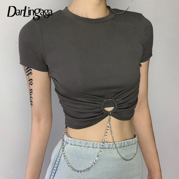 

women's t-shirt darlingaga streetwear short sleeve bodycon female solid ring chain crop punk summer t shirt basic tee femme, White