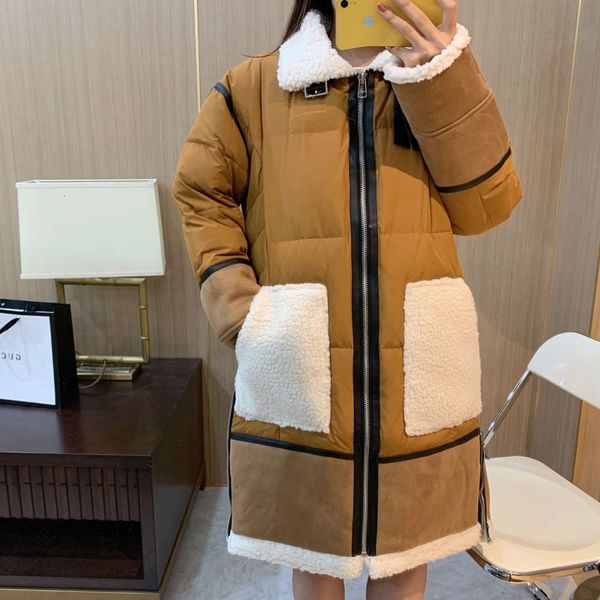 

special season welfare suede stitched lamb wool collar motorcycle jacket warm coat long down, Black