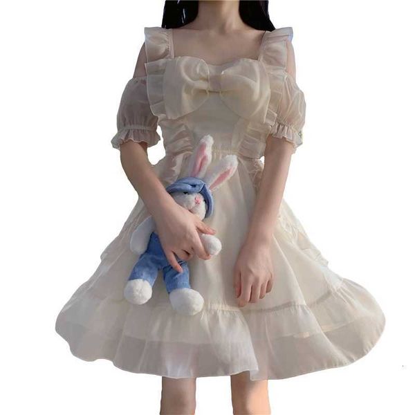 

party dresses summer women chiffon fairy dress japanese kawaii bow sundress off shoulder ruffle strap puff sleeve princess short, White;black