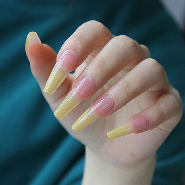 

false nails fake nail with glue stickers yellow gradient long ballet art finished removable pieces 24 gift wd, Red;gold