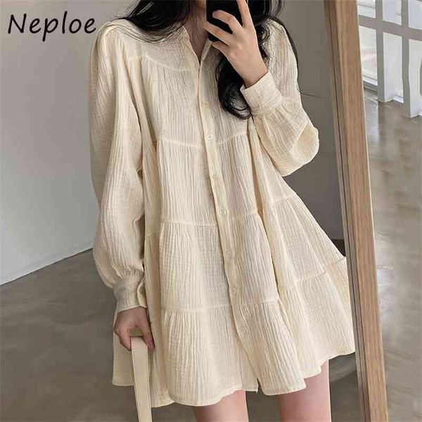 

turn down collar long sleeve single breast dress women high waist hip a line vestidos spring solid robe loose 210422, Black;gray
