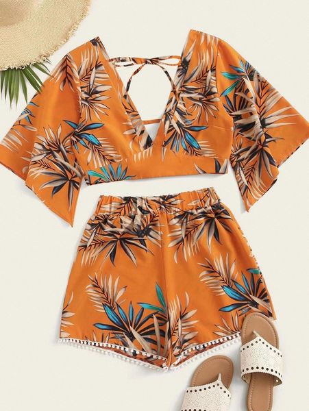 

tropical plunging crop & pom pom shorts set m76m#, White