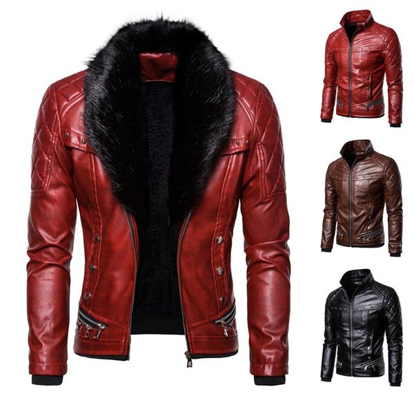 

leather jacket punk detachable fur collar rivet pressed cotton thick windproof motorcycle, Black;brown