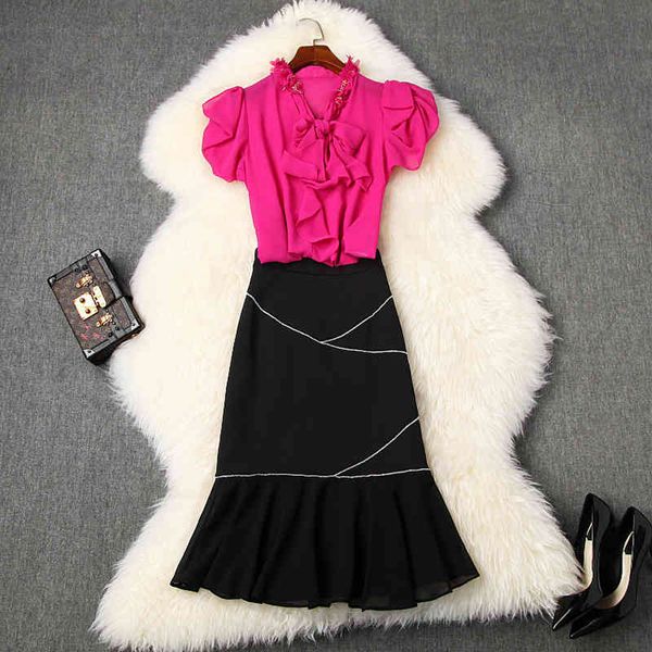 

dress european and american women's clothing summer style chiffon shirt with short sleeve stud bow fishtail skirt suit aiaj, White