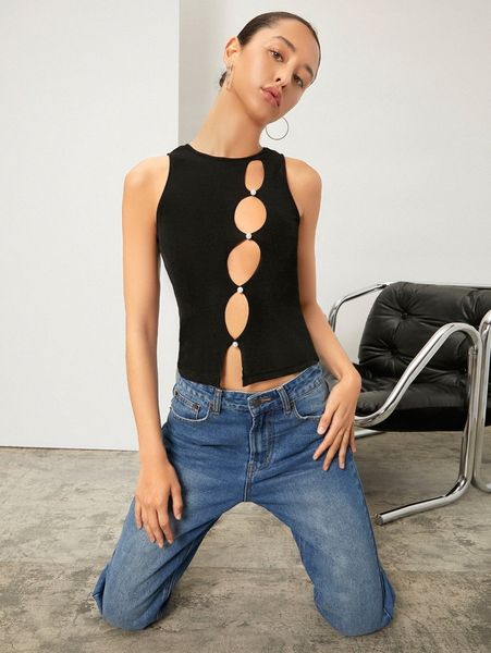

cut-out pearls slit hem tank j3gs#, White