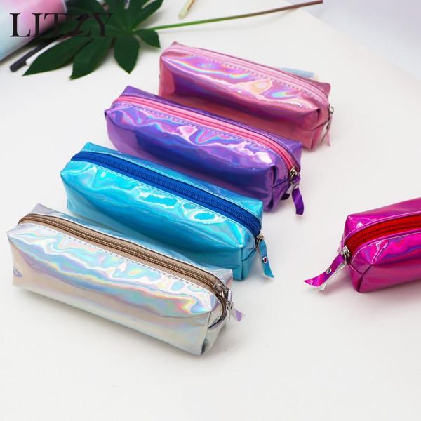 

pencil bags 1pcs holographic laser case handles for girls stationery student pu box zipper pen bag school supply