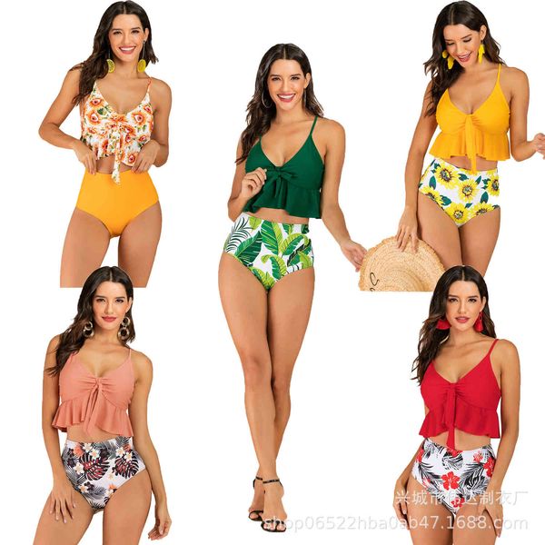 

women's bikini swimwear 2021 split ruffle high waisted printed, White;black