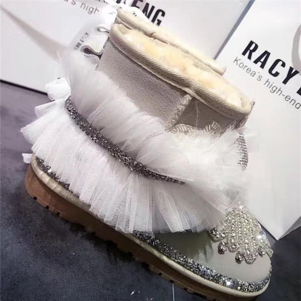 

boots handmade rhinestone pattern sweet lace bow ankle real leather, Black