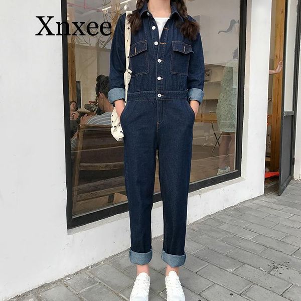 

women's jumpsuits & rompers blue denim overalls womens jumpsuit long sleeve winter autumn single-breasted lapels jeans pants female, Black;white