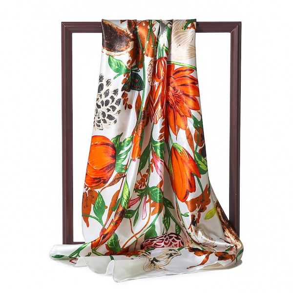 

scarves women silk square neck hijab floral print shawls lady wraps headband foulard bandana satin neckerchief 2021, Blue;gray
