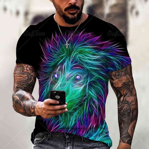 

2021 summer fashion new round neck short sve lion 3d printed men's street hip hop tnx, White;black