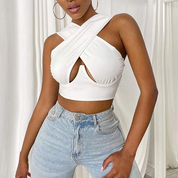 

women's tanks & camis women halter hollow out backless bodycon sweet elegant streetwear 2021summer autumn club corset bustier#f3, White