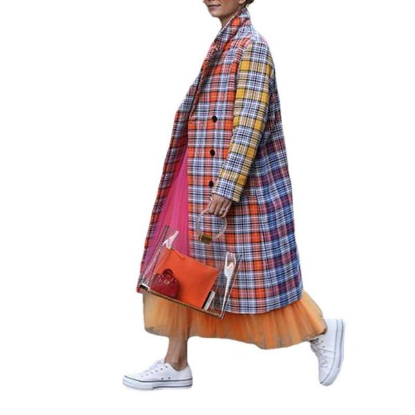 

women's trench coats retro loose jacket plaid suit autumn chic double-breasted long fashion ladies coat, Tan;black