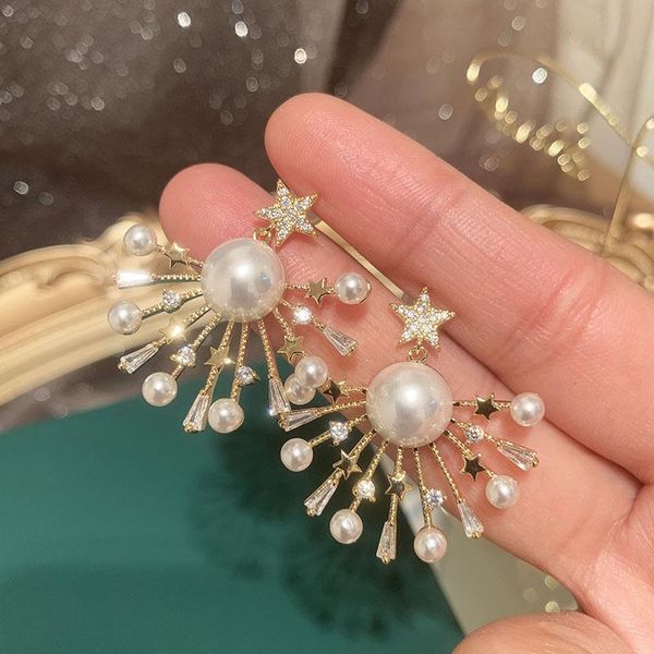 

dangle & chandelier trendy simple sweet pearl zircon five star fireworks tassel drop earrings for women luxury temperament fashion jewelry g, Silver