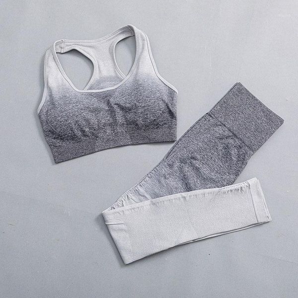 

yoga outfit set gradient color sports bra high waist leggings long sleeve shirts fitness cloghing running workout gym suits active wear