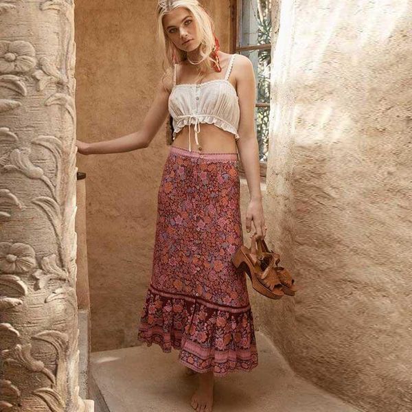 

skirts boho inspired skirt floral print gypsy women high waist buttons down bohemian chic long spring summer 2021 saia, Black