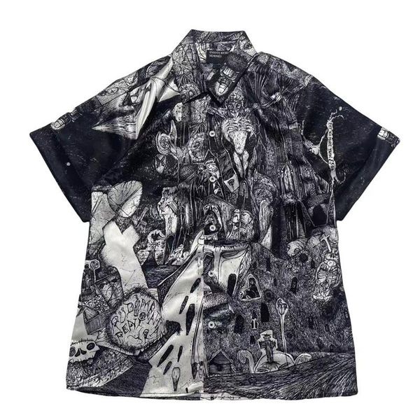

men's casual shirts men women 1:1 shirt v-shaped e.r.d sketch graffiti silk short sleeve blouse summer style erd, White;black