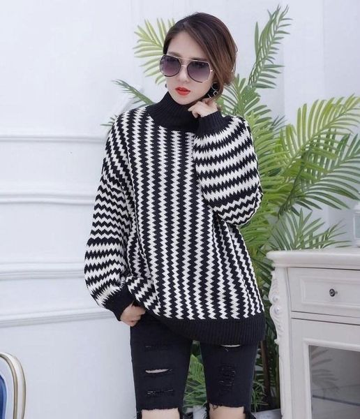 

runaway fashion high neck women long sleeve black and white pullovers pleated spliced sweater loose autumn winter, White;black
