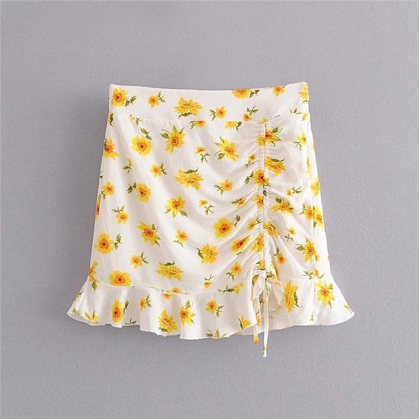 

sweet women a-line mini skirts 2021 summer fashion ladies elegant high waist draped skirt female yellow floral print girls chic, Black