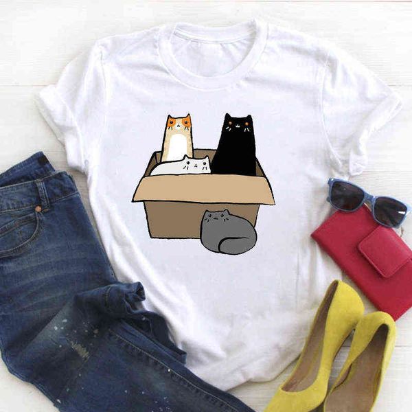 Bonito gato animal de estimação t-shirt dos desenhos animados impressão senhoras mulheres mulheres camiseta feminino top camisa roupa tshirt t-shirt gráfico das mulheres tops G220310