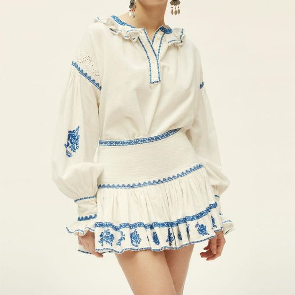 

skirts 2021 spring summer mini skirt lady fashion embroideried ruffles trim linen cotton pleated short zbjn, Black