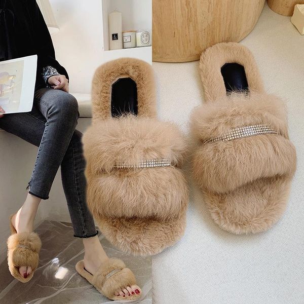 

slippers fashion winter women warm fur plush female floor soft bottom non-slip ladies footwear pantoufle femme fourrure czng, Black