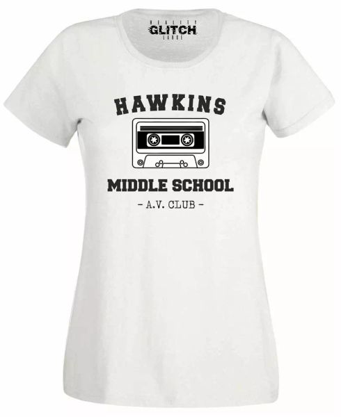 

hawkins middle school av club womens t-shirt will upside down, White;black