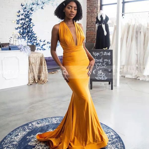 

gold yellow mermaid prom dresses backless sleeveless streamer trumpet long african women second reception evening gowns party, Black