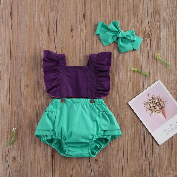 

jumpsuits wenazao toddler infant baby girl summer sweet outfits match color square collar ruffled romper bowknot headband set 0 to 2 years, Blue