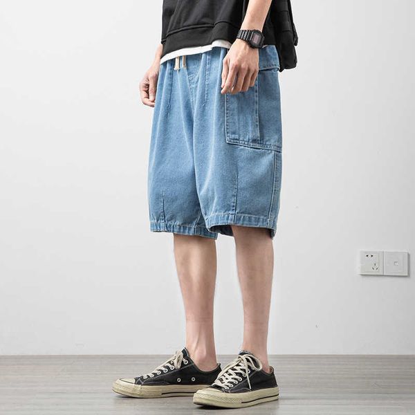 

shorts denim men's 2021 summer south korean work cloth washing casual capris rope loose knickers fashion, Blue