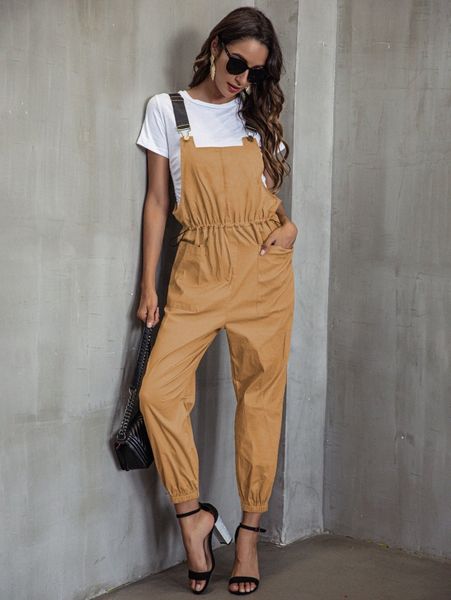 

contrast panel dual pocket drawstring waist overalls k9v6#, White