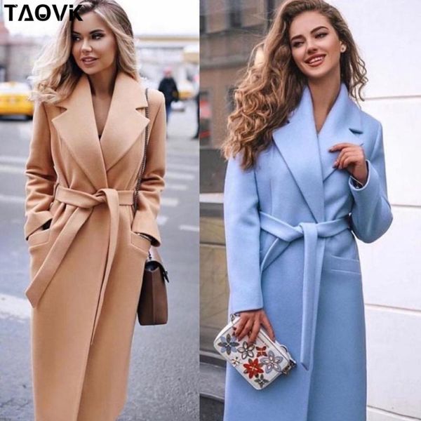 

women's wool & blends taovk jackets coats medium-long belt coat turn-down collar solid color pockets parka woolen, Black