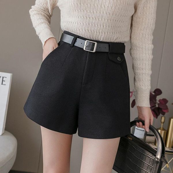 

women's shorts casual streetwear plus size for women winter high waist ladies woolen with belt loose wide leg short femme y10, White;black