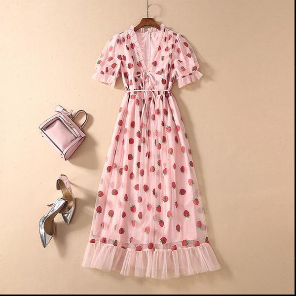 

runway rhinestone diamonds strawberry pink womens dresses mesh maxi short puff sleeve v neck lace up bow tunic lolita, Black;gray