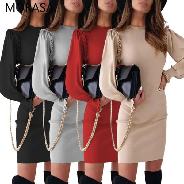 

casual dresses 2021 autumn winter solid color round neck lotus leaf sleeves slim ladies clothing party dress long sleeve women's, Black;gray
