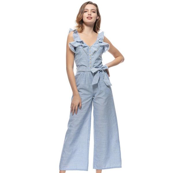 

women's pants & capris europe and america's jumpsuit v-neck loose stripe lace up 9-point, Black;white