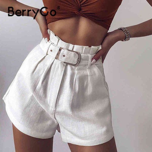 

berrygo white cotton high waist women shorts summer ruffled belt female bottoms fashion pants streetwear shorts 210513, White;black