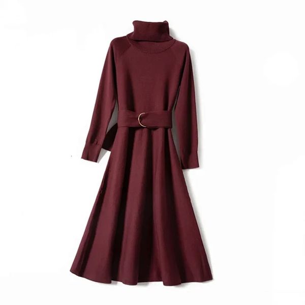 

dress women's turtleneck knit dress simple two colors sashes elegant female dresses autumn winter, Black;gray
