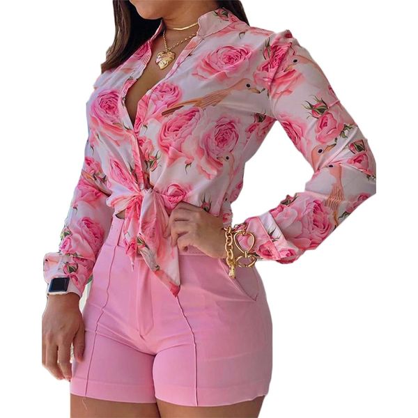 

rose printting turn-down collar long sleeve button cardigan shirts and pant women winter clothes casual fashion office lady suit, White