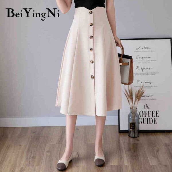

beiyingni high waist elegant swing a line skirt women solid color black work wear office ladies skirts single-breasted vintage 210416